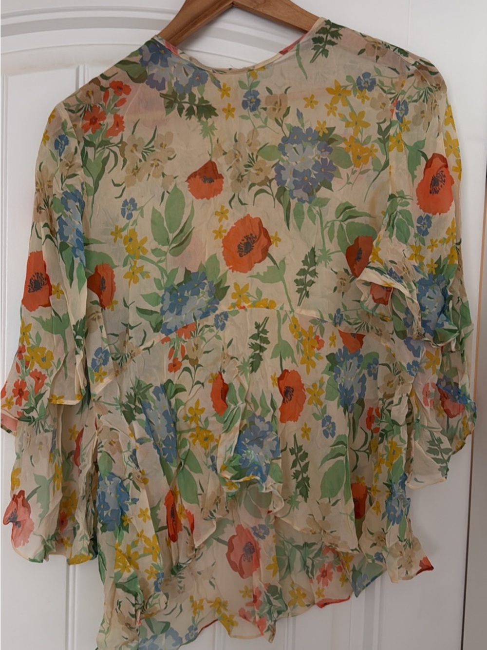 Zara Cream Floral Ruffle Blouse with Red, Blue & Yellow Blooms
